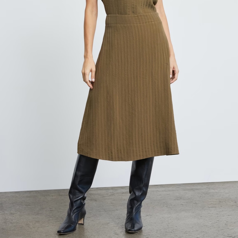 EVERLANE The City Striped Olive Midi Skirt
